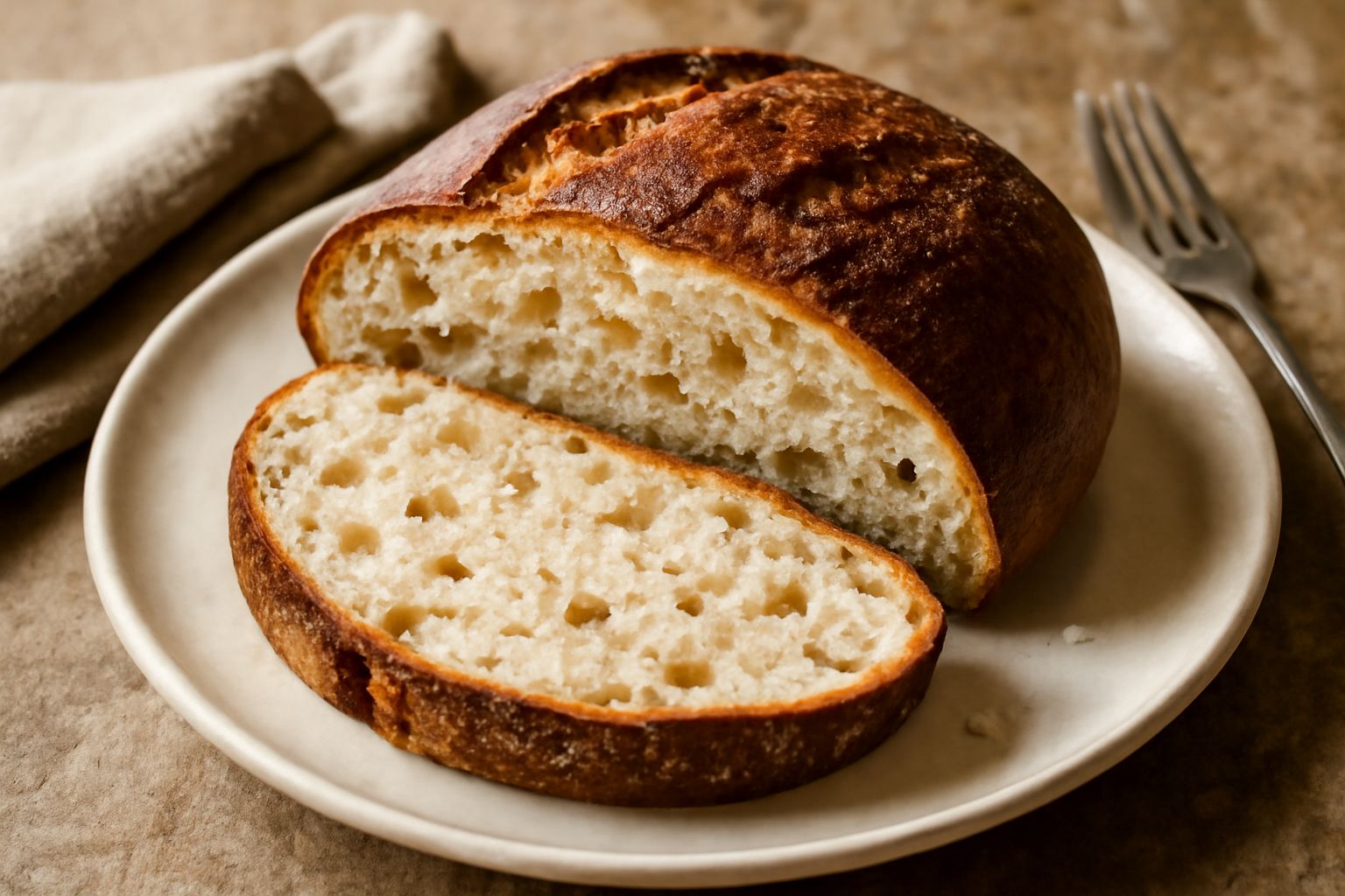 Pane al lardo fatto in casa, intero e tagliato a fette, con crosta scura croccante e miga chiara con visibili piccoli pezzi di lardo bianco, su un tagliere di legno