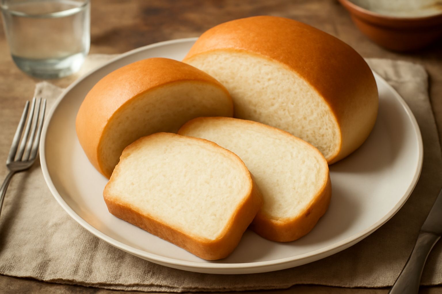 Pane al latte dorato e soffice tagliato a fette, crema di burro sui lati, miga bianca e fitta visibile alla sezione, posato su tavola di legno con gocce di marmellata accanto