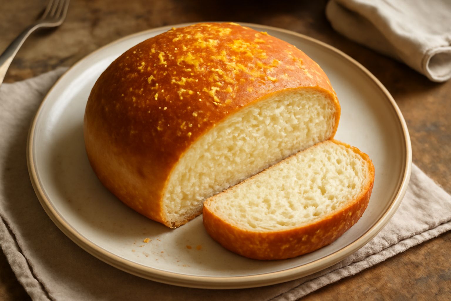 Pane al limone dorato e affettato su un piatto bianco, con buccia di limone grattugiata in superficie e mollica morbida color panna visibile nelle fette