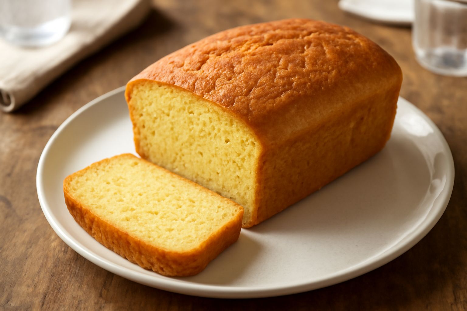 Pane al miglio di forma rettangolare, con crosta dorata e screpolature, affettato e appoggiato su una tavola di legno naturale. Crumb con alveoli regolari e colore giallo paglierino.