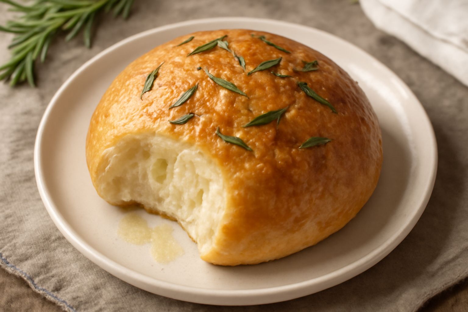 Pane al olio e rosmarino tagliato a fette, colore dorato in superficie con puntini verdi di rosmarino, interno bianco e soffice, olio lucido sulle spalle superiori
