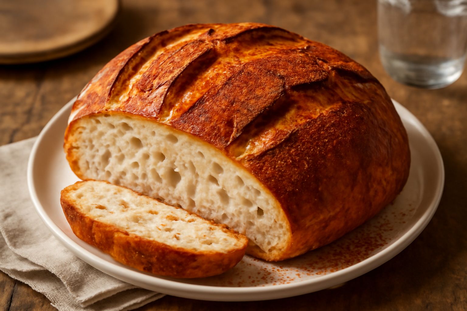 Pagnotta di pane al peperoncino con crosta dorata e screpolature, tagliata a metà per mostrare la mollica bianca e i frammenti rossi di peperoncino distribuiti uniformemente, su una tavola di legno