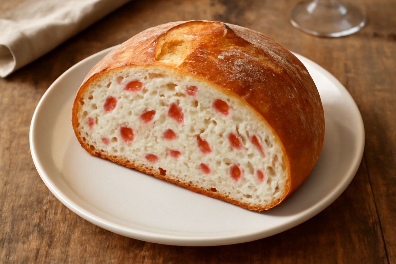 Pane al prosciutto a fette su un tagliere di legno, con crosta dorata e uniforme, pezzi di prosciutto crudo visibili in sezione, accanto a uno spicchio di limone e rametti di rosmarino