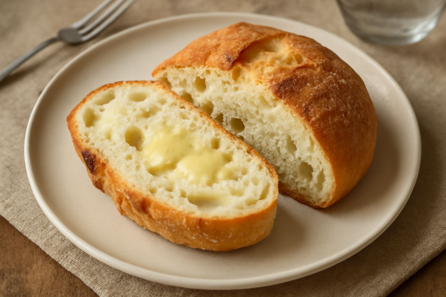 Pane al taleggio affettato su tagliere di legno, crosta dorata e irregolare, mollica color crema con filamenti di formaggio fuso, vapore ancora visibile, contorno di farina bianca