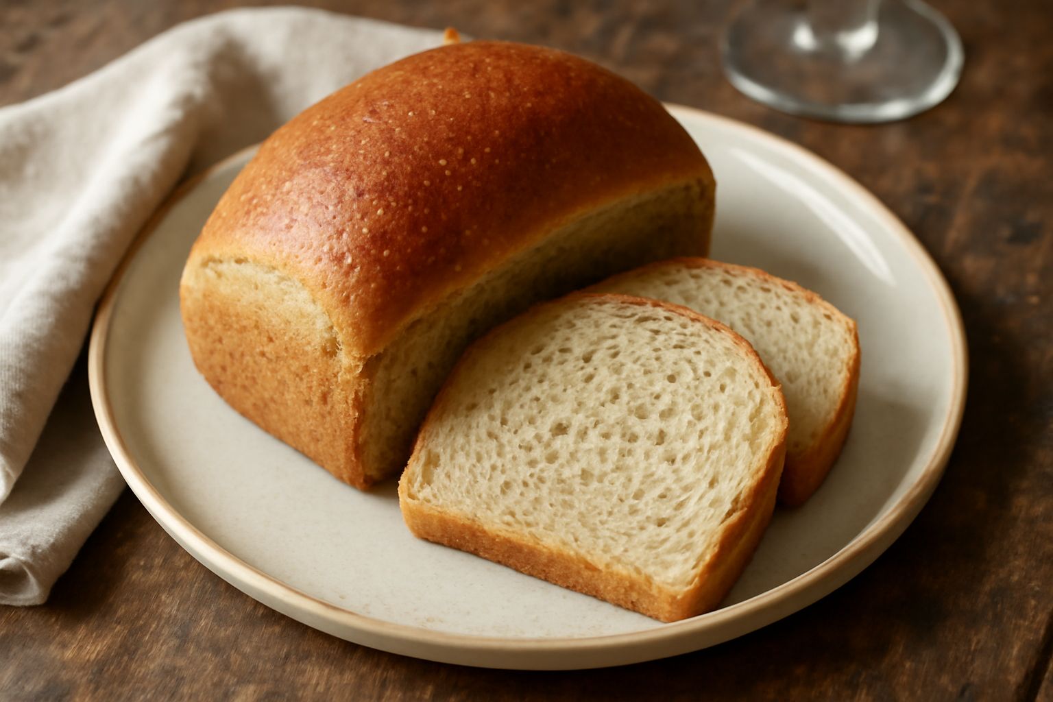 Pane al tè tagliato a fette su una tavola di legno, crosta dorata e uniforme, miga morbida e porosa di colore beige chiaro, con aromi visibili di tè, accanto a una tazza con foglie di tè secche