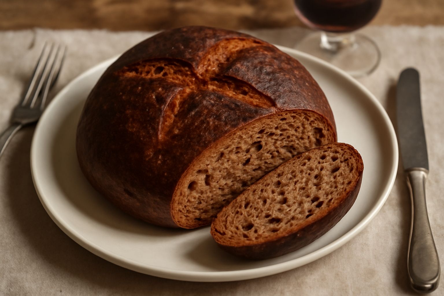 Pane al vino a fette, di colore marrone scuro, con mollica morbida e alveoli visibili, impiattato su un canovaccio di lino bianco accanto a un bicchiere di vino rosso