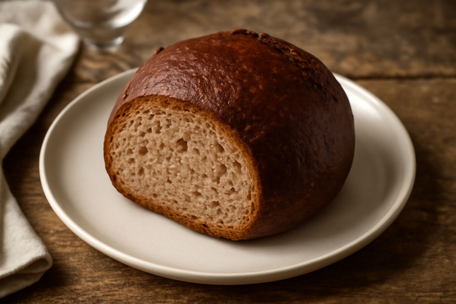 Pane al vino piemontese dalla crosta marrone scuro e uniforme, affettato per mostrare la mollica color nocciola con piccoli alveoli, posato su una tavola di legno accanto a un bicchiere di vino rosso