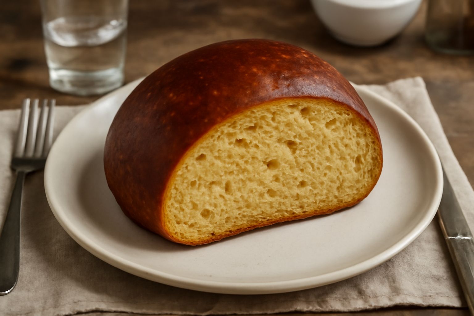 Pane alla birra appena sfornato, di forma rotonda, con crosta marrone scuro lucida, tagliato a metà mostrando una mollica giallo-beige con alveoli regolari e una leggera umidità visibile, poggiato su 