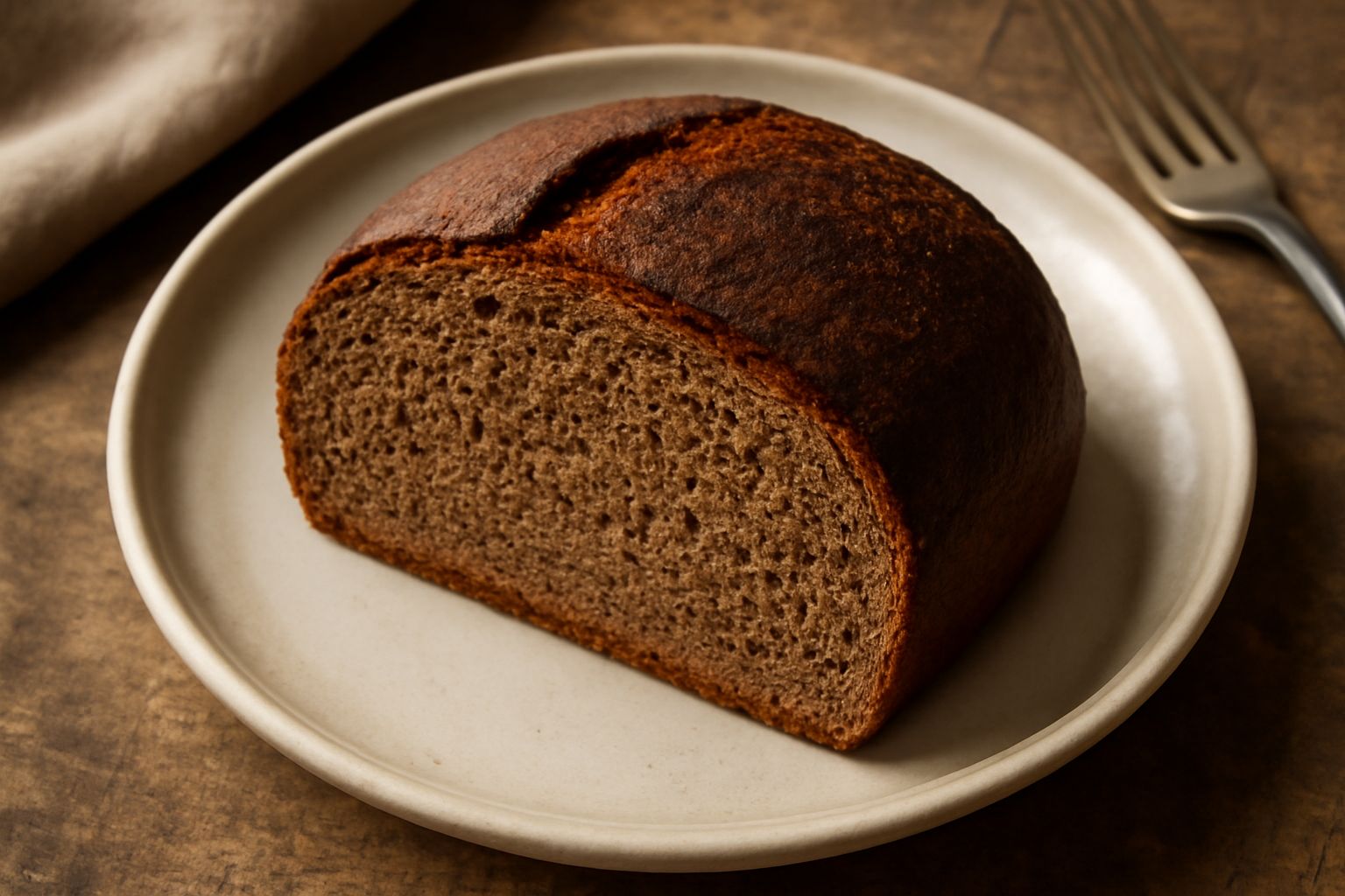 Pane alla crusca appena sfornato, di colore marrone scuro e dorato, tagliato a fette, con vista della mollica densa e mighe evidenti, su un piano di legno con gocce di acqua e polvere di crusca