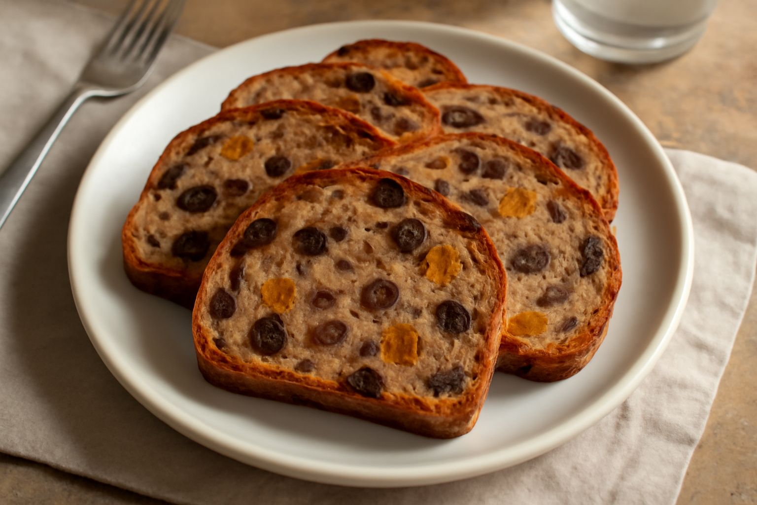Pane integrale a fette con uvetta, albicocche secche visibili, texture densa e morbida, servito su tavolo di legno con semi sparsi accanto