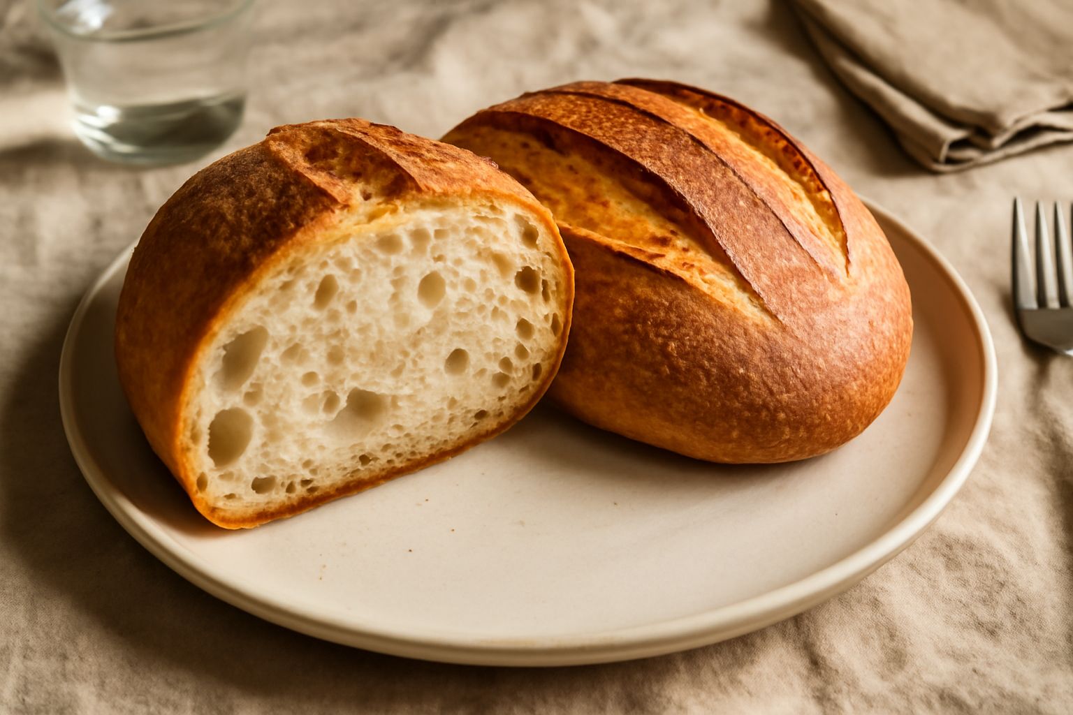 Pane fatto in casa con crosta dorata e screpolata, tagliato a fette con mollica bianca e alveolatura irregolare visibile, poggiato su una tavola di legno con spighe di grano