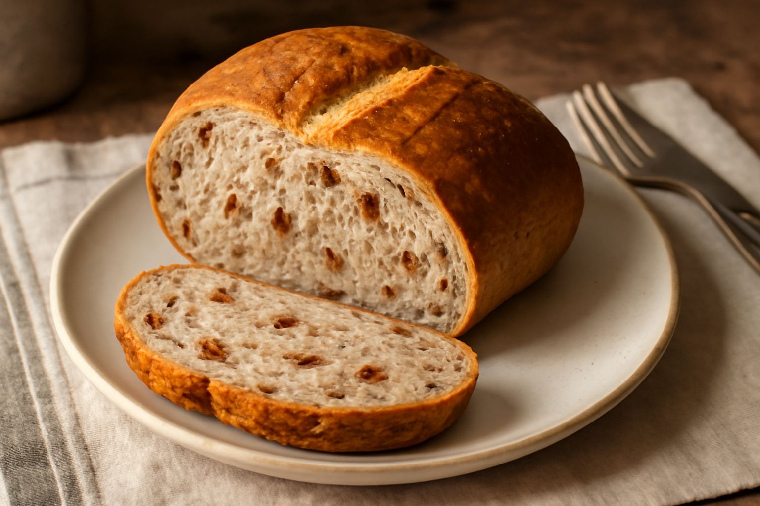 Pane alla noce tagliato a fette, crosta dorata e rugosa, interno chiaro con frammenti visibili di noci scure tostate, una noce intera poggiata accanto