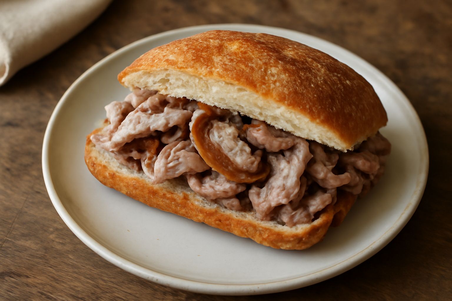 Pane alla porchetta tagliato a metà, mostra la crosta croccante dorata e il ripieno di porchetta rosa e affumicata, servito su un tavolo di legno con salsa che fuoriesce leggermente dal pane.