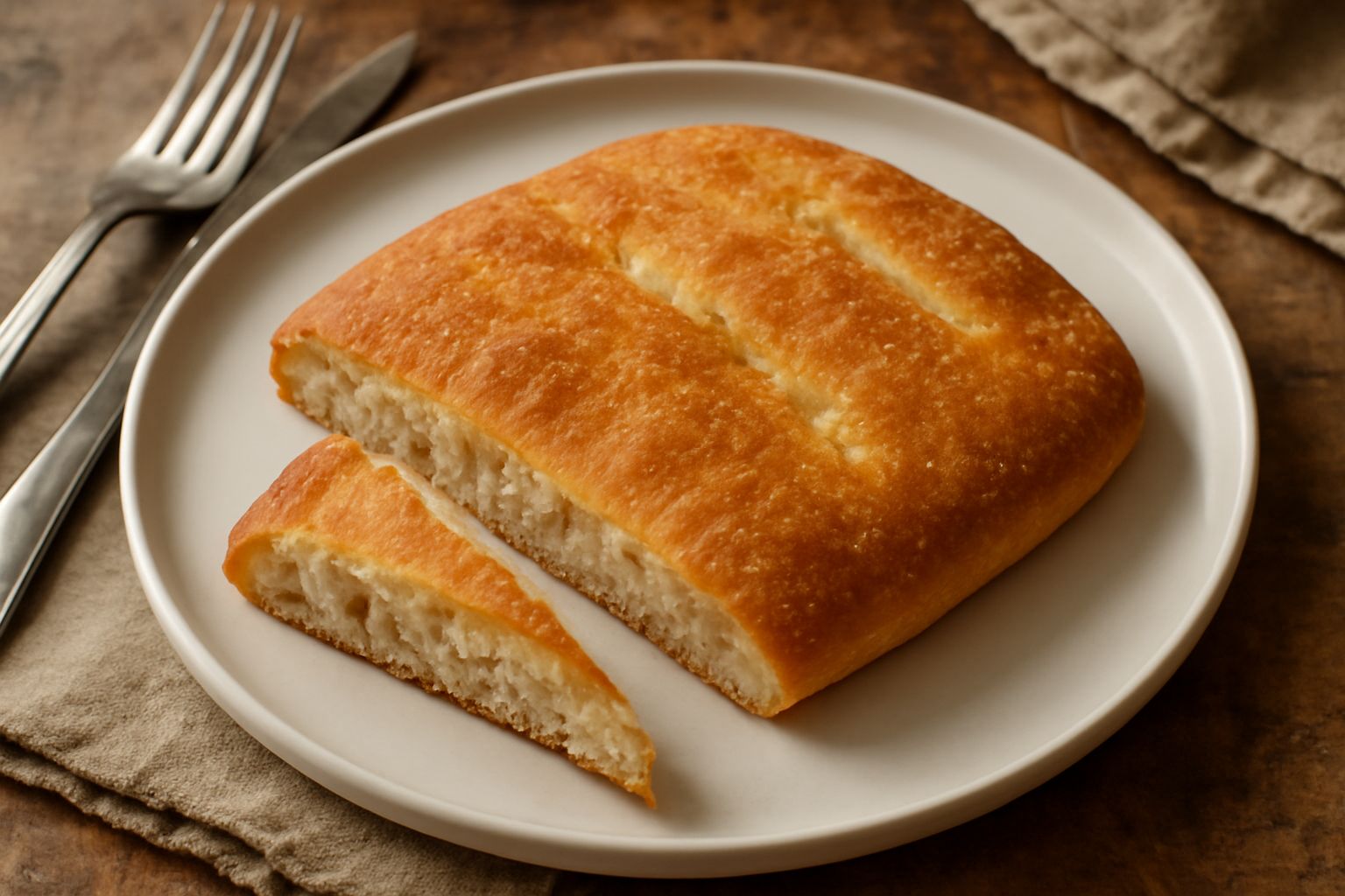 Pane alla romana appiattito, color oro, con crosta croccante visibile e leggeri segni di cottura, tagliato a meta per mostrare la mollica bianca e aerata
