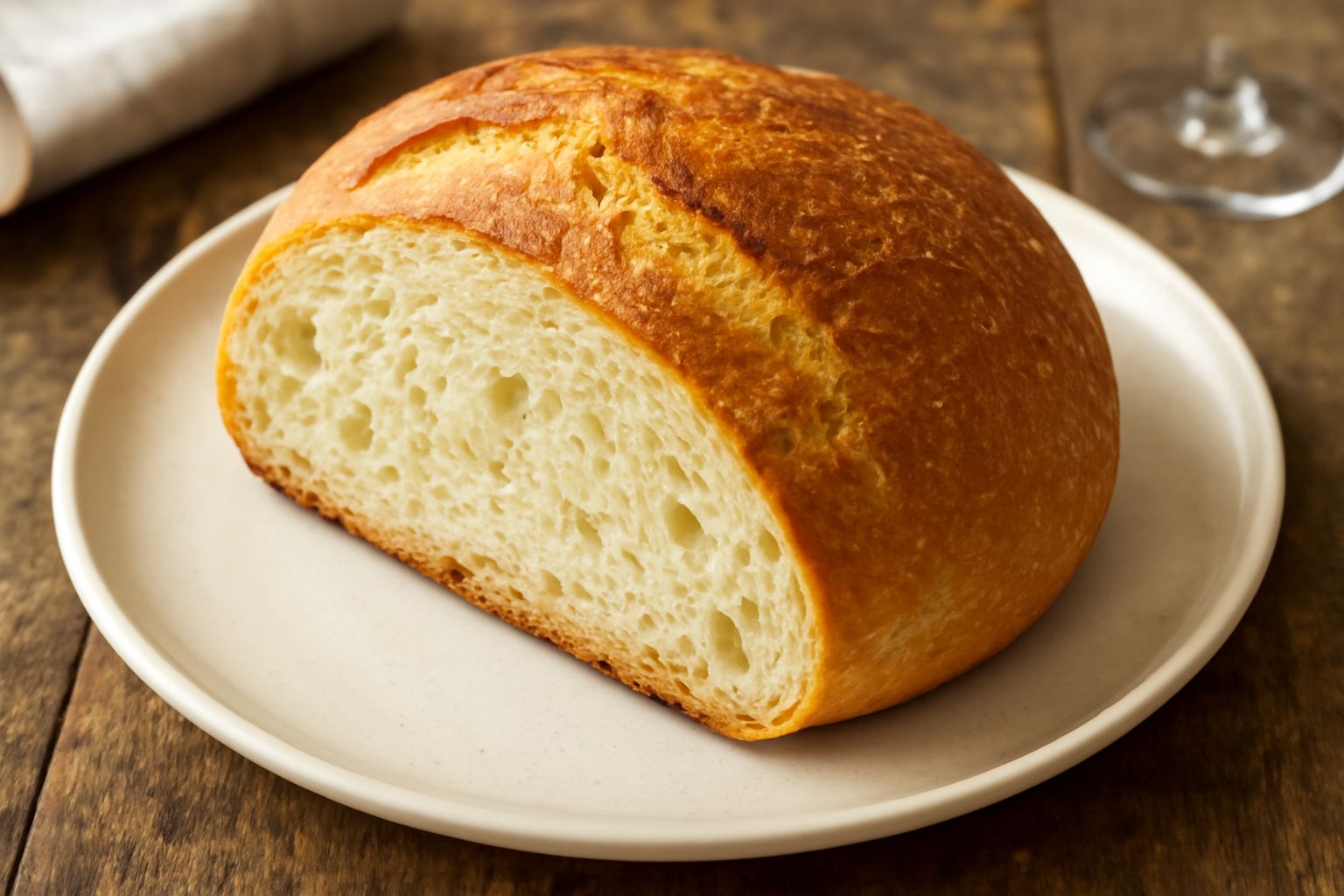 Pane alla semola cagliaritana intero e affettato, con crosta giallo-dorata croccante e interno bianco-crema morbido, disposto su una tavola di legno con farina sparse intorno