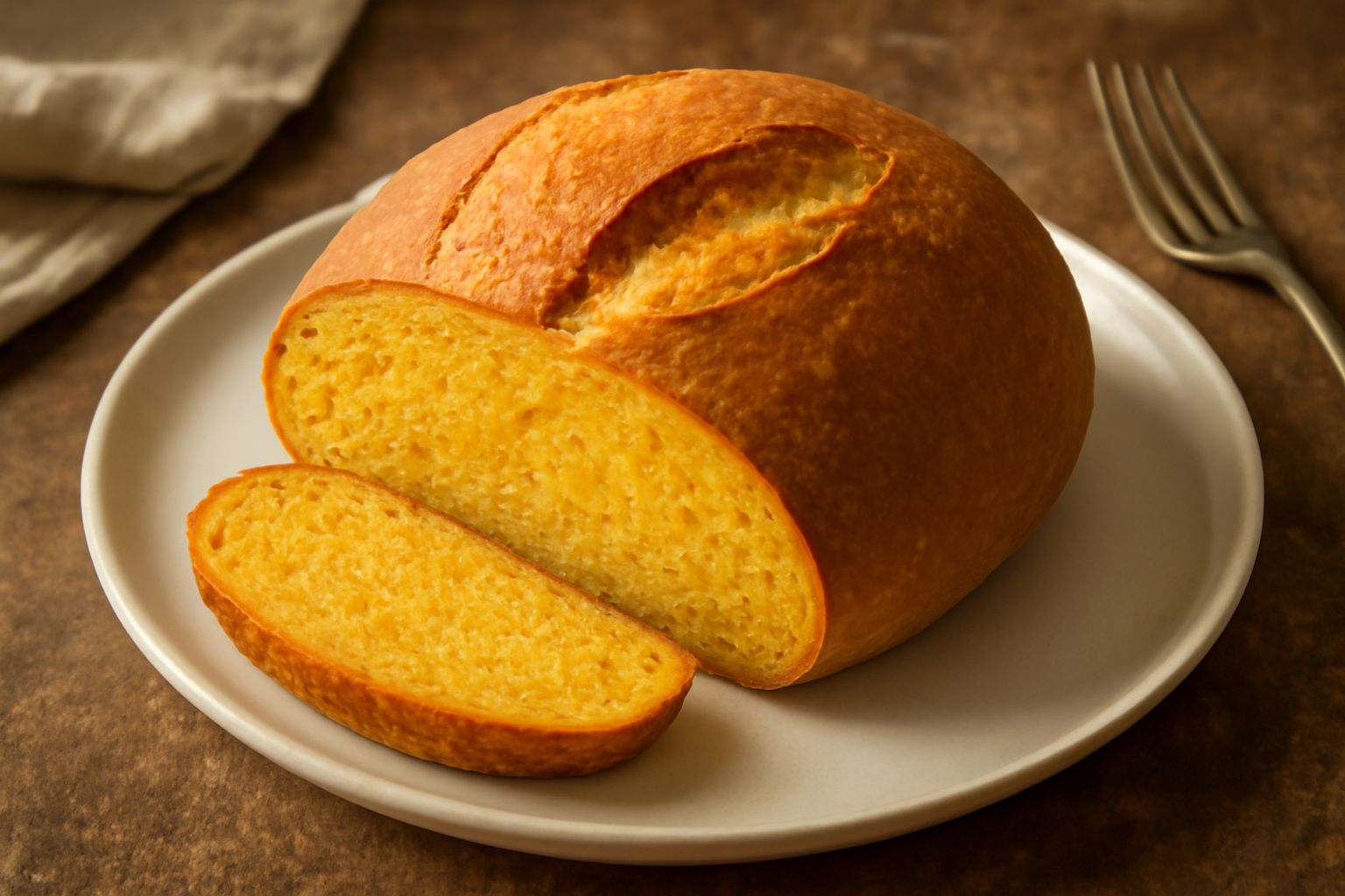 Pane rotondo dalla crosta dorata e croccante, tagliato a fette che mostrano l'interno morbido e giallastro con sfumature arancioni della zucca, appoggiato su una tavola di legno rustica con grani di s