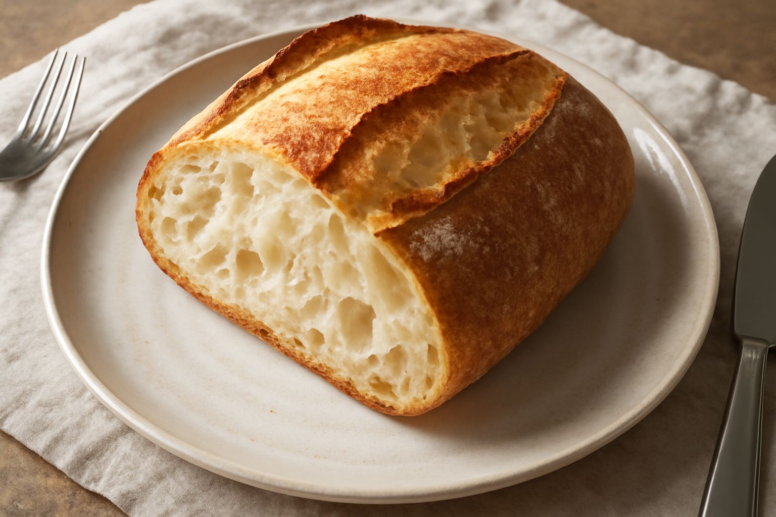 Pane all'acqua appena sfornato, crosta dorata e lievemente screpolata, tagliato a fette mostra l'interno bianco e alveolato, servito su una tavola di legno con un bicchiere d'acqua accanto