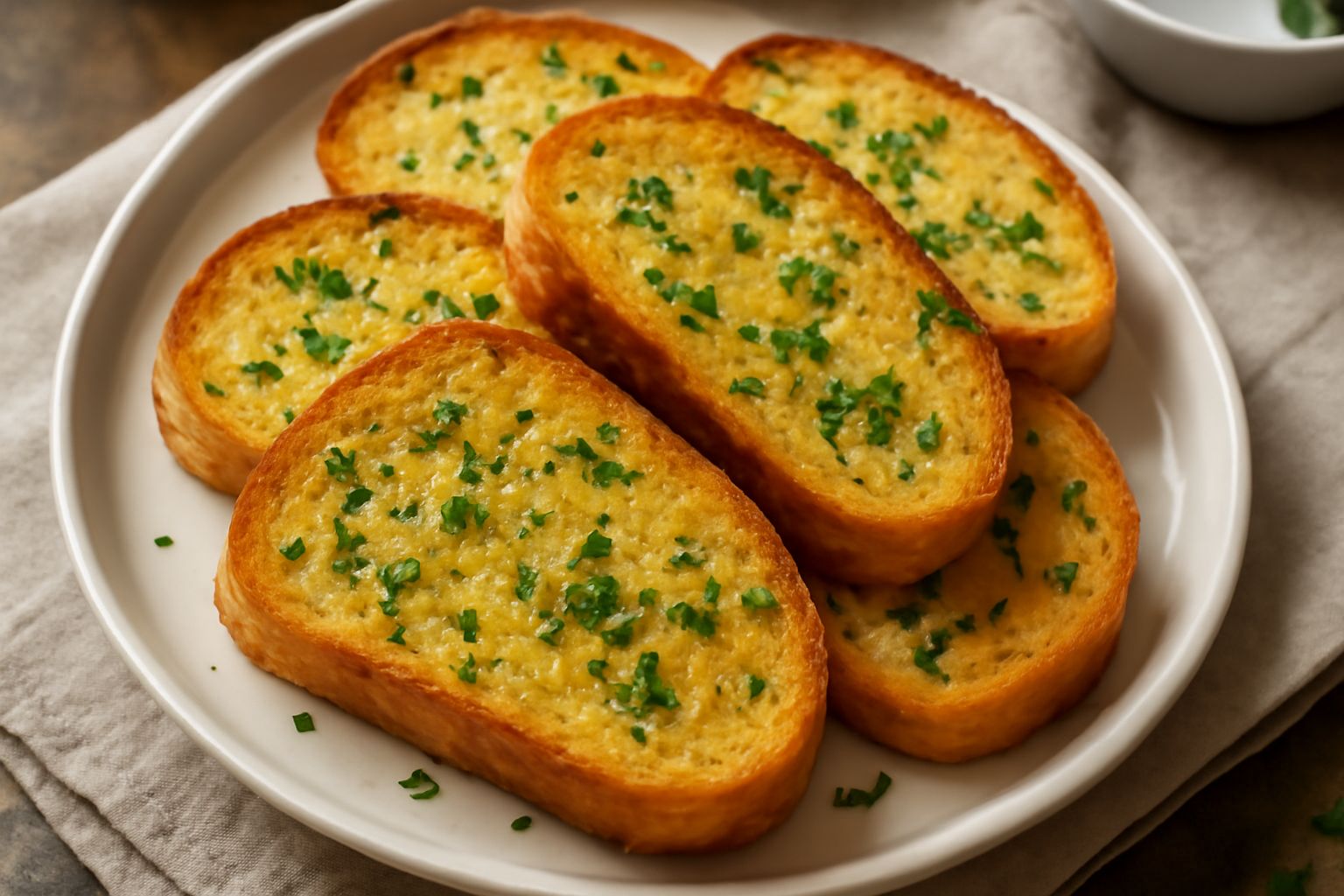 Fette di pane all'aglio dorate e croccanti disposte su un piatto bianco, cosparse di prezzemolo fresco tritato, con una leggera doratura uniforme in superficie e migranti vapore