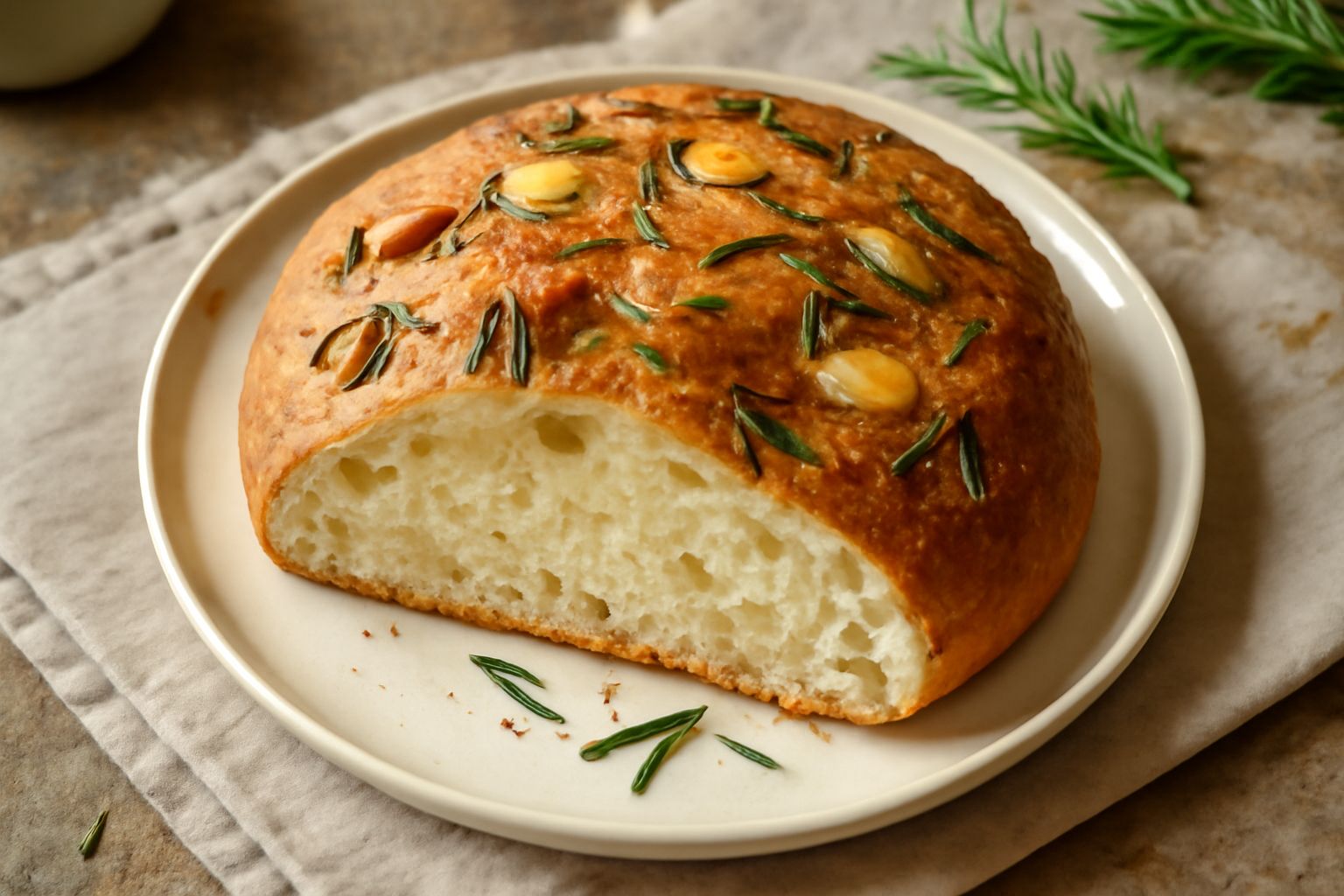 Pagnotta di pane all'aglio e rosmarino, dorata e croccante in superficie, poggiata su tavolo di legno con rametti di rosmarino fresco accanto e spicchi d'aglio