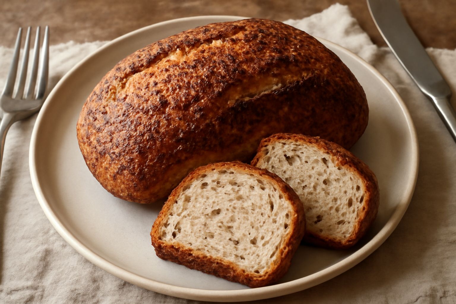 Pane all'amaranto a fette su una tavola di legno, con crosta dorata e screpolata, miga color avorio con piccole striature brunastre, una manciata di chicchi di amaranto tostati accanto