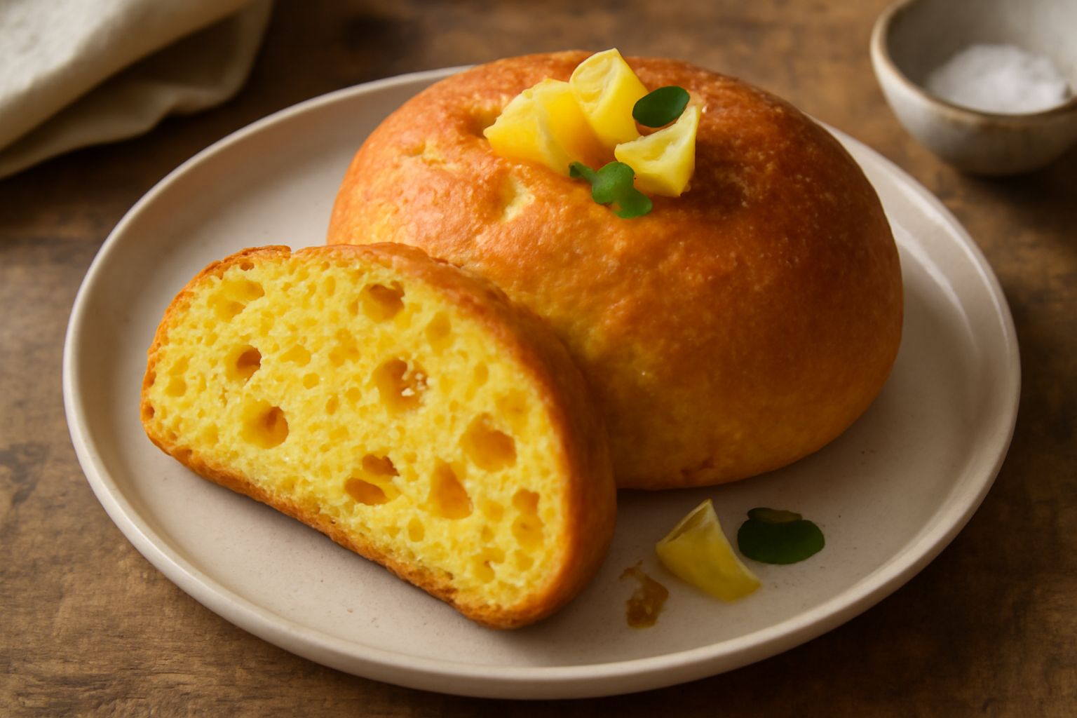 Pane all'ananas affettato su tavolo di legno: forma rotonda dorata, molliche gialle e soffici con gocce di ananas caramellate distribuite uniformemente, guarnito con cocco grattugiato tostato
