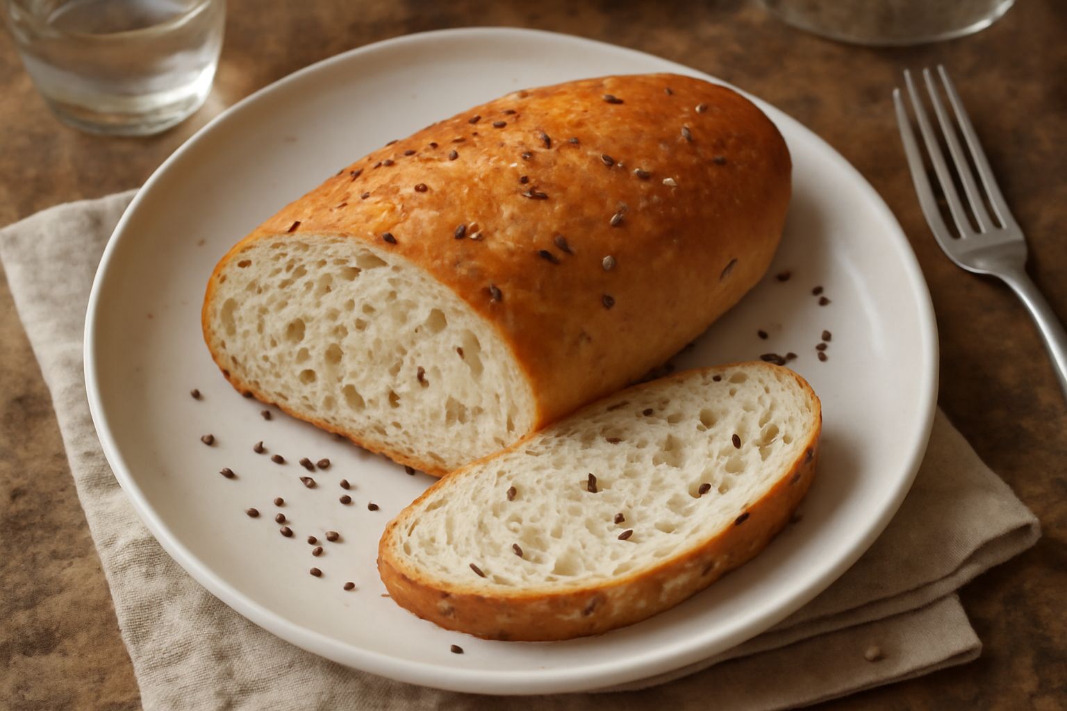Pane all'anice tagliato a fette, crosta dorata uniforme, miglina visibile sulla superficie, semi di anice neri distribuiti nell'impasto, appoggiato su carta bianca
