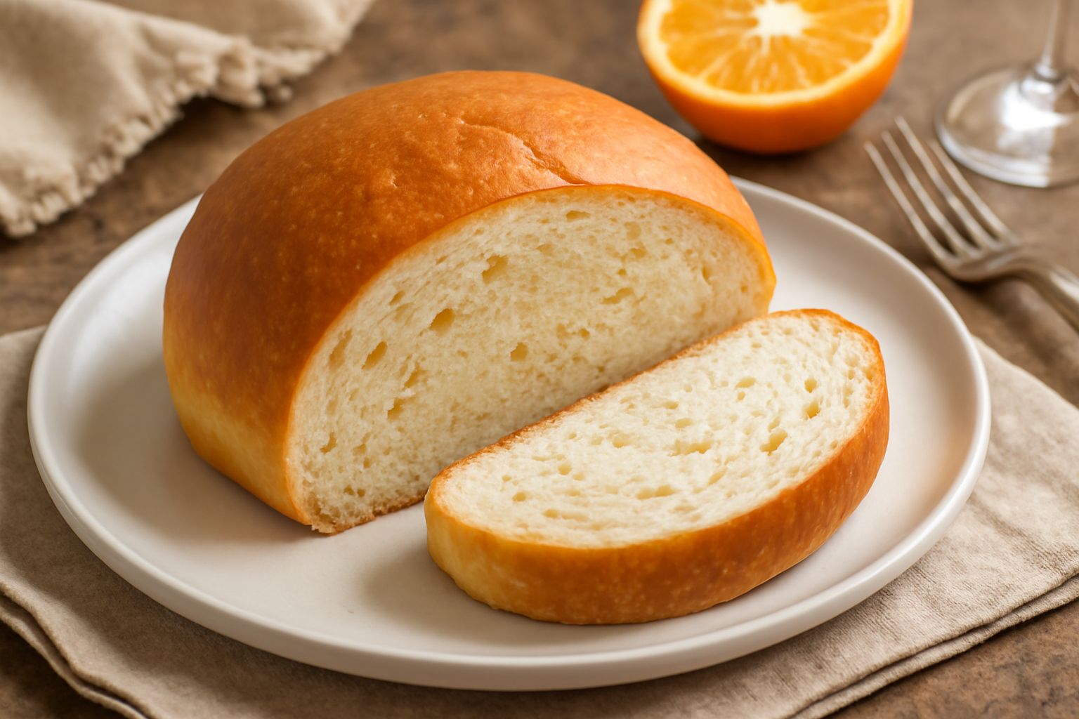 Pane all'arancia appena sfornato, crosta dorata e uniforme, tagliato a fette che mostrano l'interno soffice di colore bianco crema con striature aranciate, posato su una tavola di legno con due arance
