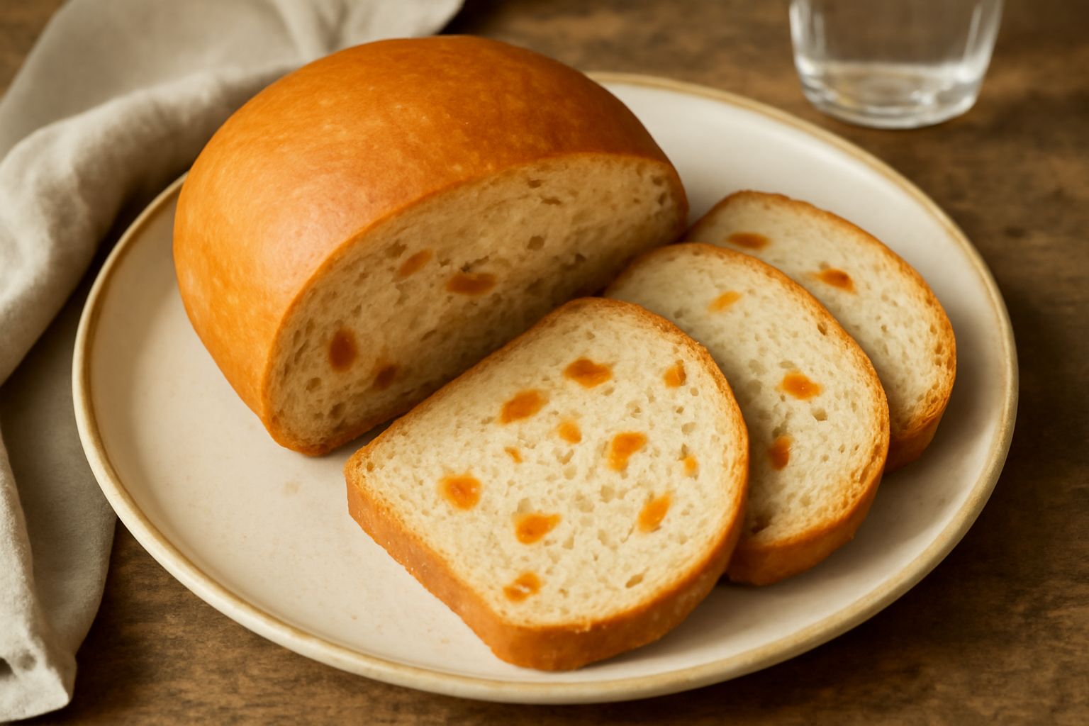 Pane alle albicocche intero e affettato su un tagliere di legno. Colore dorato della crosta, interno morbido con visibili pezzi di albicocca arancione, farina bianca sparse attorno