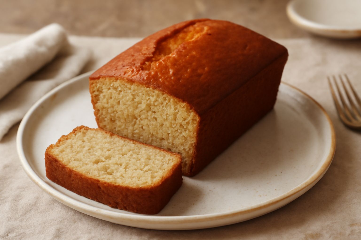 Pane alle banane affettato, con crosta dorata e miga morbida e umida di colore nocciola chiaro, guarnito con fettine di banana fresca sui lati