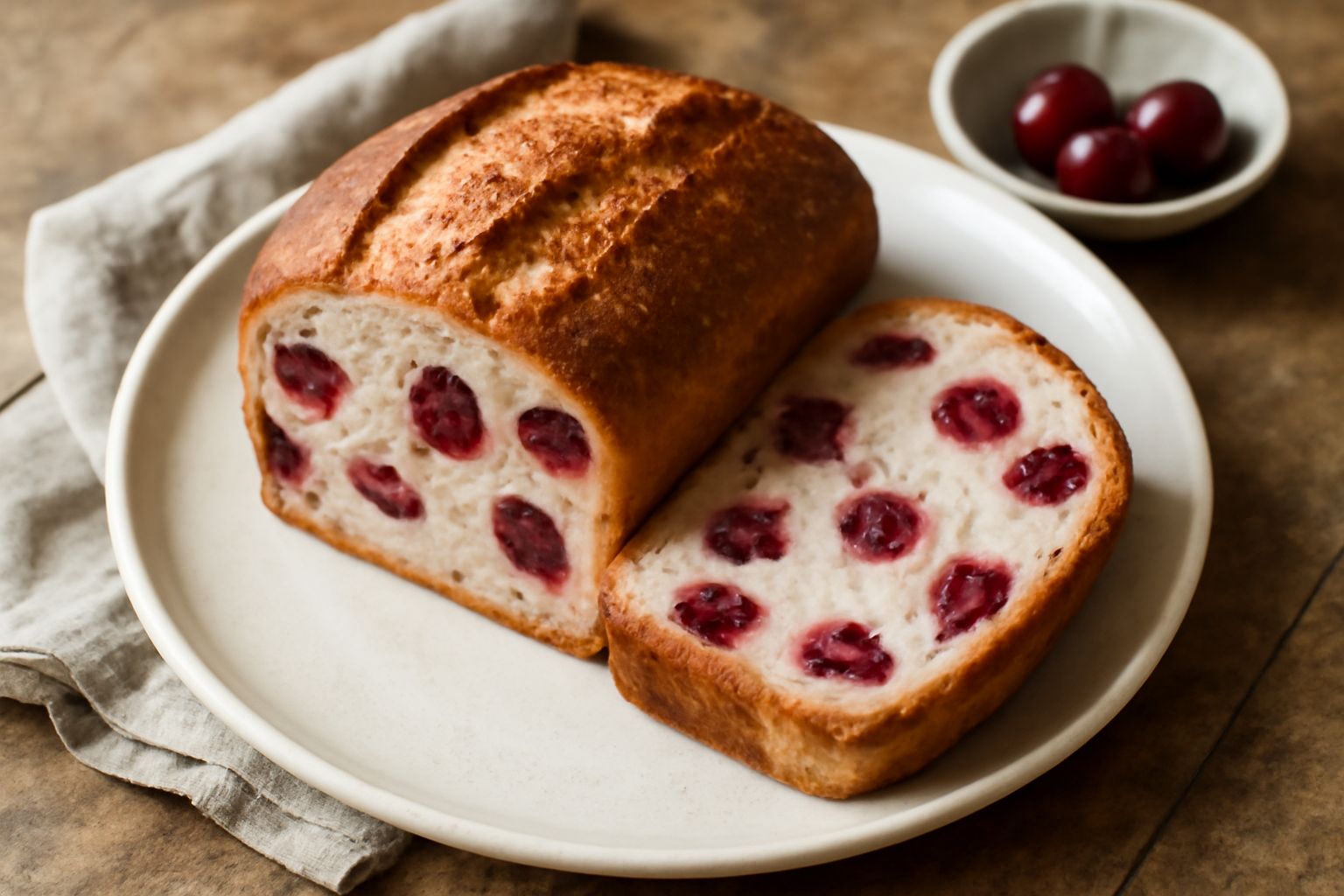 Un filone di pane alle ciliegie appena sfornato, crosta dorata e uniforme, tagliato a metà per mostrare la mollica bianca punteggiata di ciliegie rosse intere, disposto su carta da forno su un tavolo 