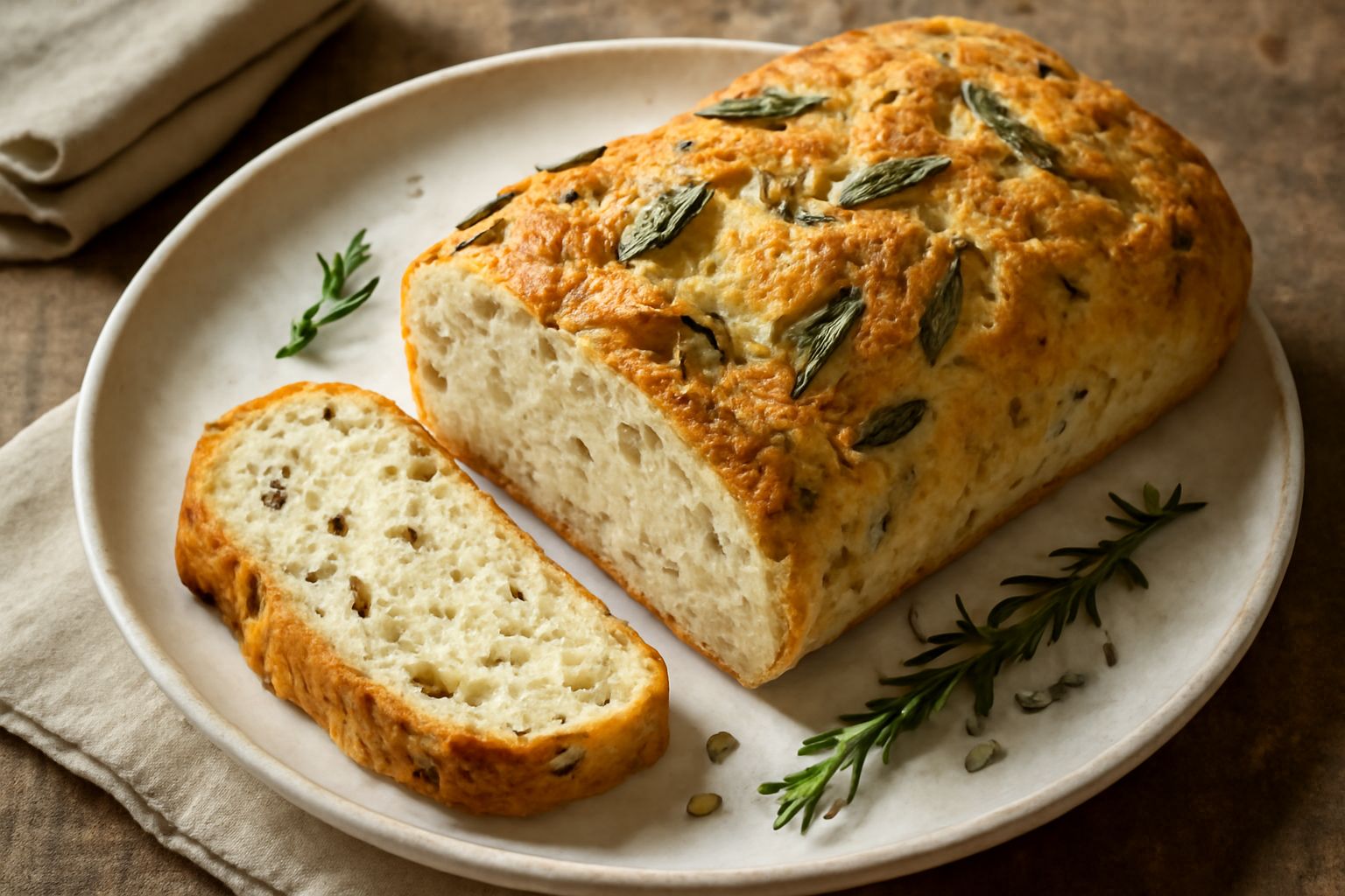 Pane alle erbe appena sfornato, crosta dorata con macchie verdi di erbe aromatiche, tagliato a metà per mostrare la mollica soffice, servito su tavolo di legno con rametti di rosmarino fresco