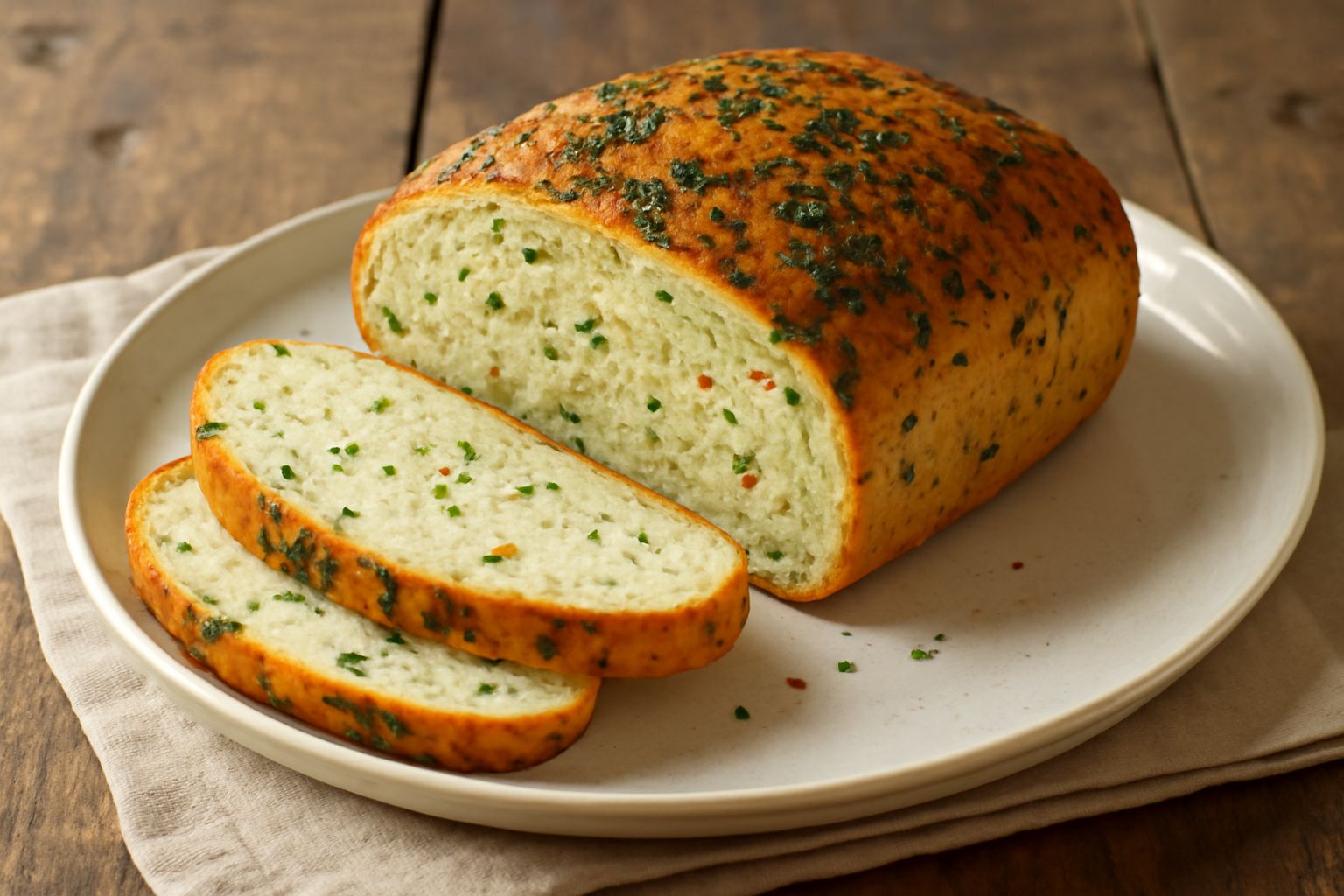 Pane rotondo dorato con striature marrone scuro, superficie croccante, fette tagliate che mostrano la mollica bianca punteggiata di verdure verdi, erbe aromatiche fresche accanto al piatto
