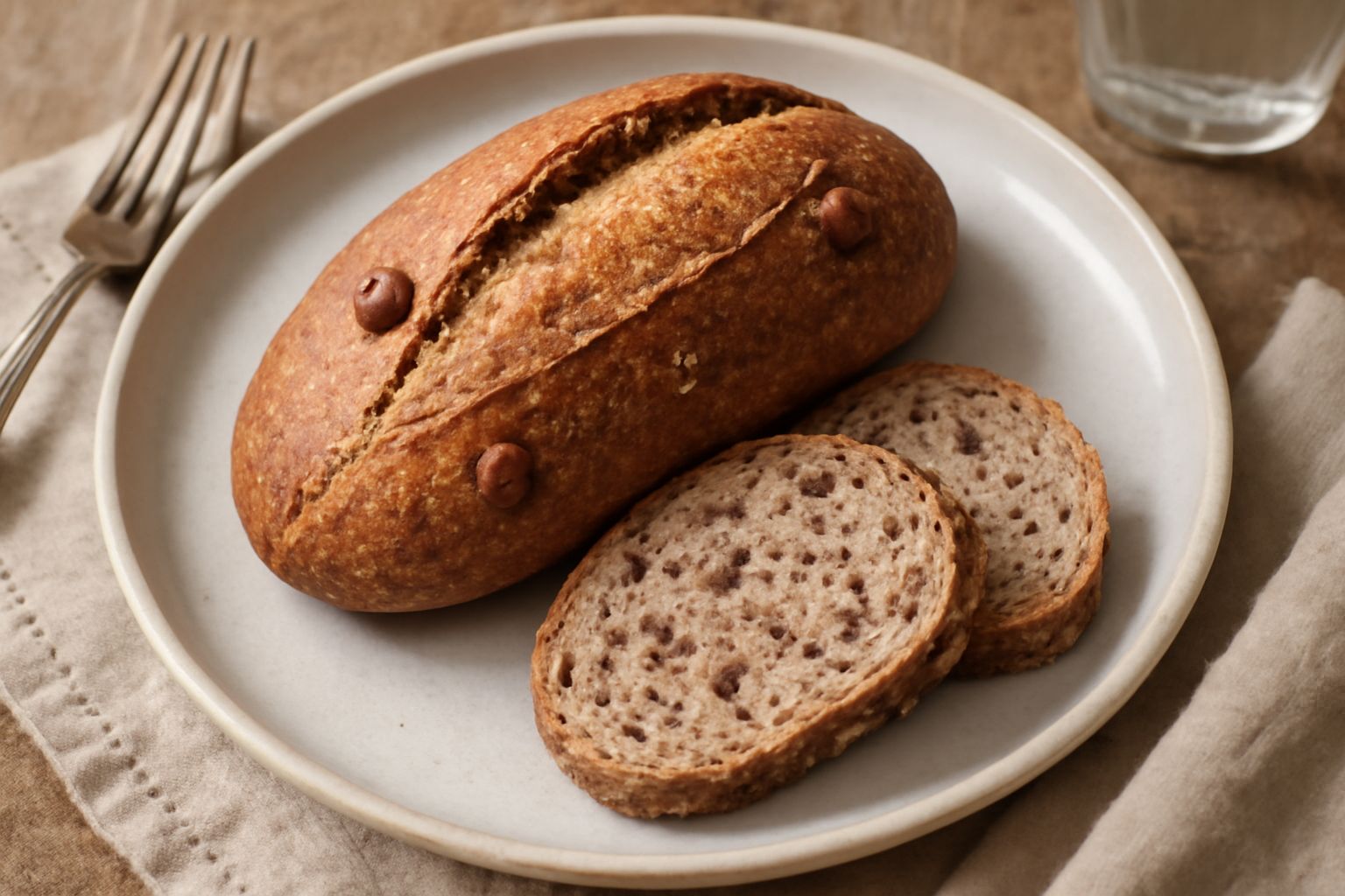 Un pane alle nocciole intero appena sfornato, dal colore marrone dorato, rivestito di nocciole intere in superficie, su una tavola di legno con accanto una tazza di caffè bianco