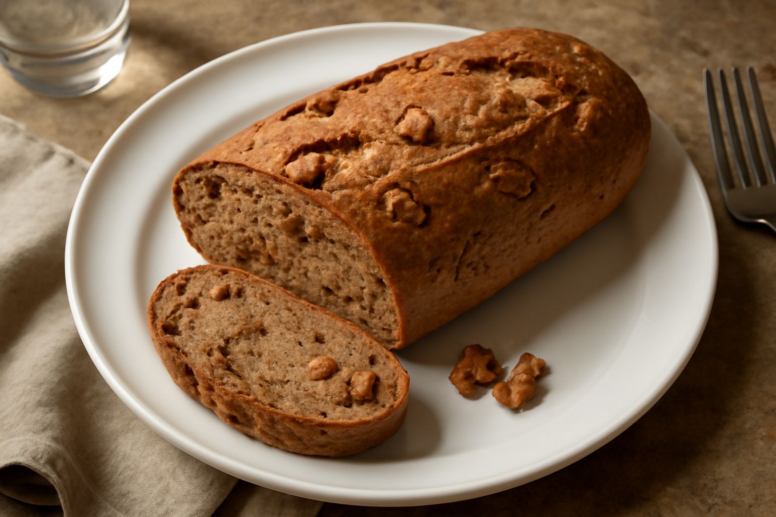 Pane alle noci appena sfornato, dalla crosta dorata e croccante, spezzato a metà per mostrare l'interno bruno e i frammenti di noci visibili sparse nella molla, servito su una tavola di legno con alcu