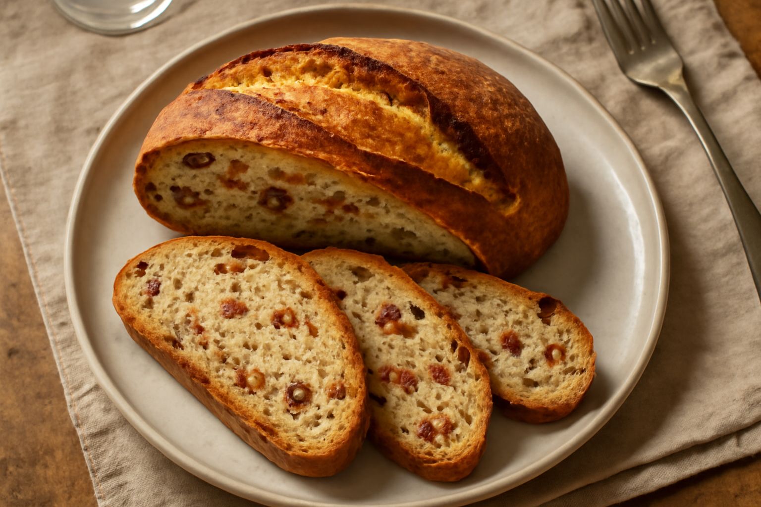 Pane alle noci di Voghera tagliato a fette, crosta marrone dorata, mollica giallo-beige con pezzi di noci interi visibili, adagiato su tavolo in legno con qualche noce sgusciata accanto