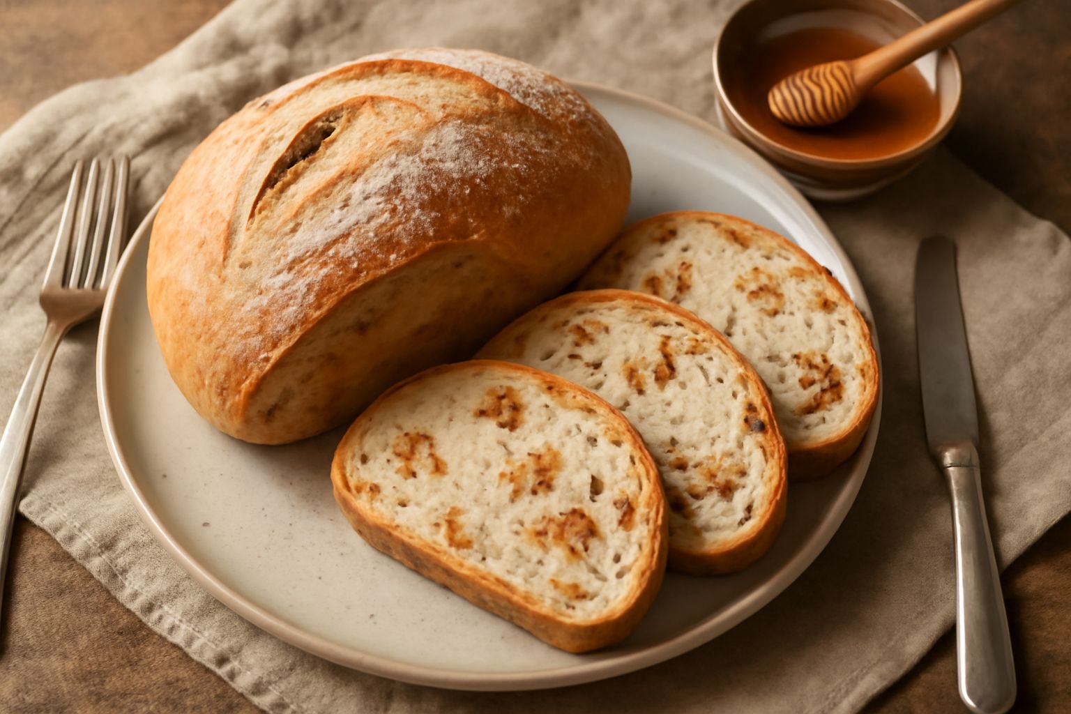 Pane alle noci e miele a fette, con visibili frammenti di noci tostate di colore marrone, mie di miele lucidi sulla crosta dorata, servito su una tavola di legno con un coltello di legno accanto