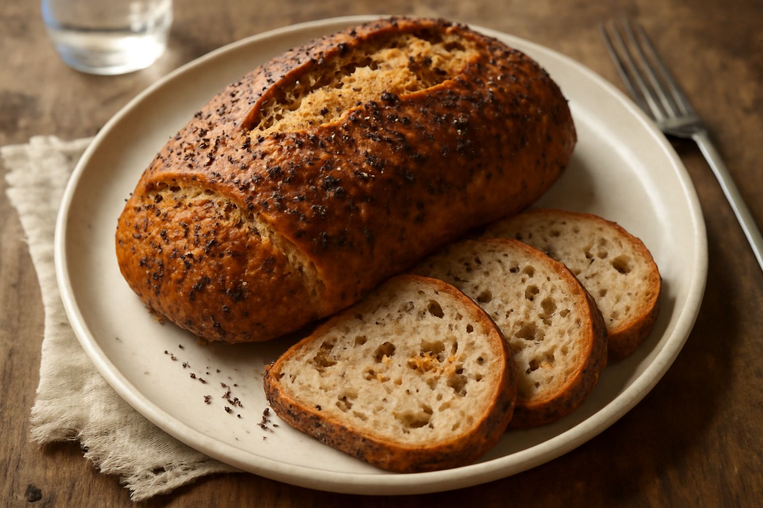 Pane alle noci e pepe con crosta dorata e ruvida, affettato a metà per mostrare la mollica soffice con pezzi di noce visibili, peperoni neri sparsi in superficie, servito su un piatto bianco con alcun
