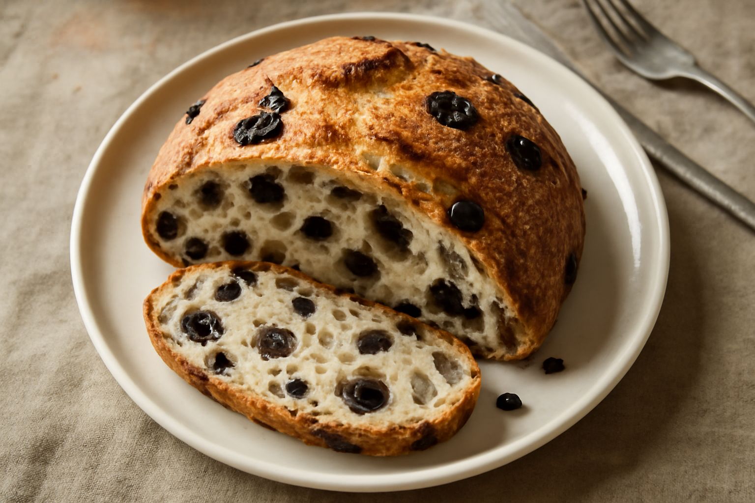 Pane alle olive appena sfornato, dalla crosta dorata e screpolata, tagliato a fette che mostrano gli spazi aperti della mollica e le olive scure distribuite uniformemente