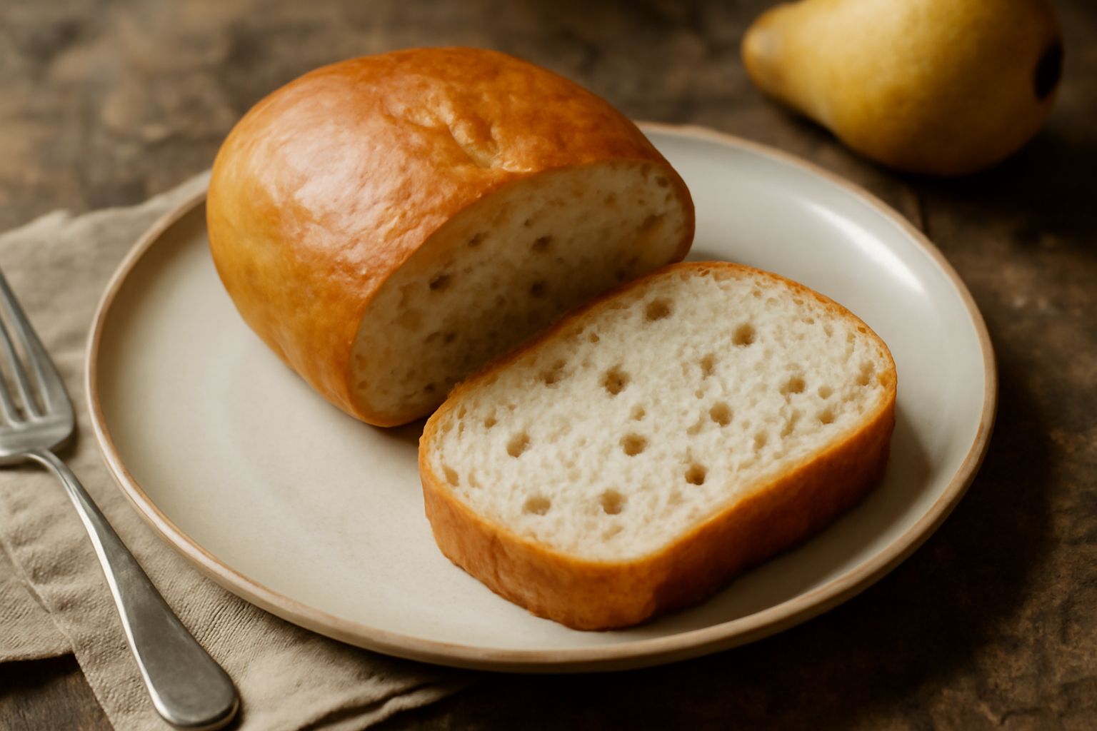 Pane alle pere dalla forma rotonda con crosta dorata e screpolature naturali, affettato a mostrare la mollica chiara con piccoli pezzi di pera visibili, poggiato su una tavola di legno con una pera in