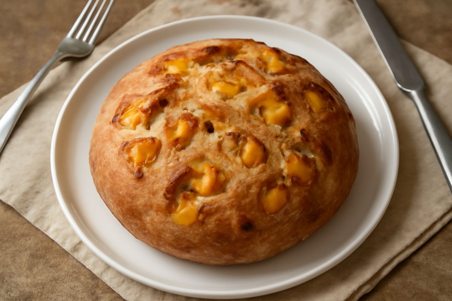 Pane alle pesche in fetta su piatto bianco, con mollica dorata morbida, visibili i pezzi di pesca arancioni all'interno, crosta leggera dorata, guarnito con una fetta di pesca fresca