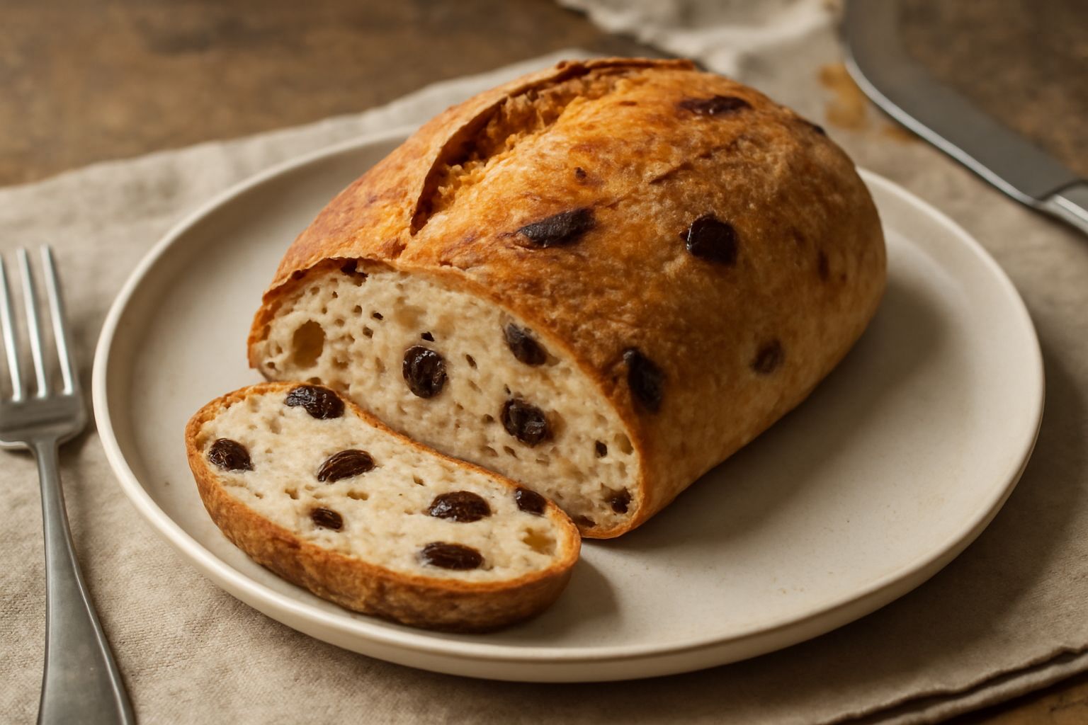 Pane alle prugne affettato su tagliere di legno, con sfumature dorate sulla crosta, miga soffice e visibili i pezzetti di prugna scura all'interno, vapore leggero ancora visibile sulla superficie cald