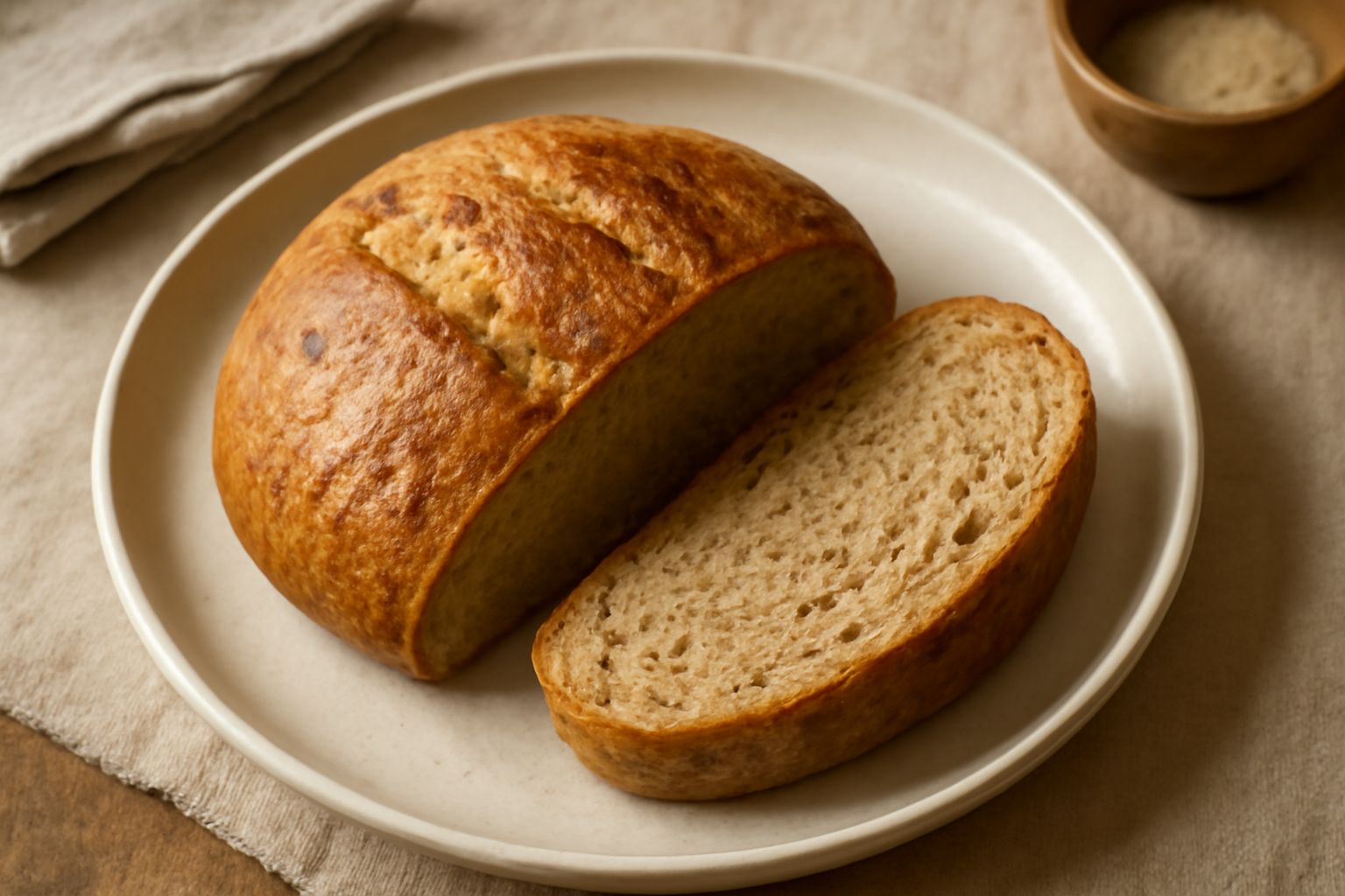 Pane allo zenzero appena sfornato, con crosta dorata e leggermente screpolata, tagliato a fette che mostrano l'interno morbido e punteggiato di colore nocciola, servito su tavola di legno con un piatt
