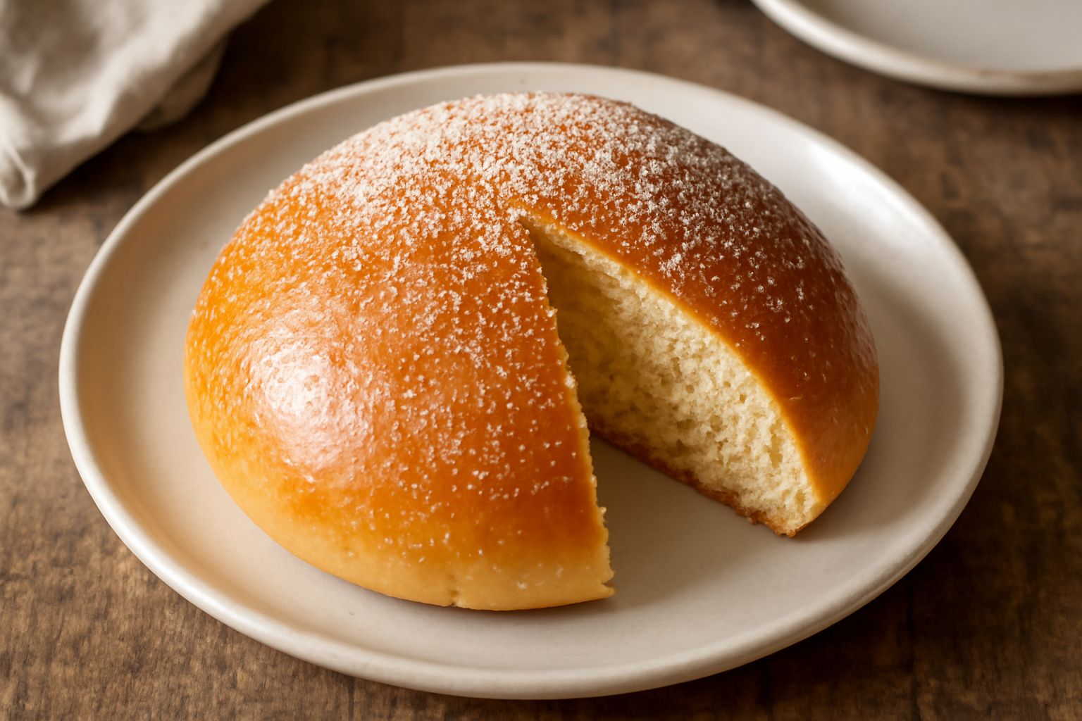 Pane allo zucchero dorato in primo piano, superficie ricoperta di cristalli di zucchero semolato bianco, forma tonda leggermente bombata, sfondo grigio neutro