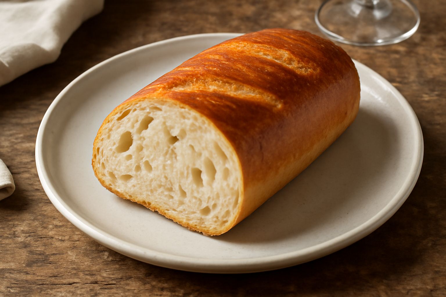 Pane all'olio a fette su un tavolo di legno chiaro, dorato in superficie con piccole bolle di aria, tagliato trasversalmente per mostrare la mollica bianca e soffice al centro, una ciotola di olio ext