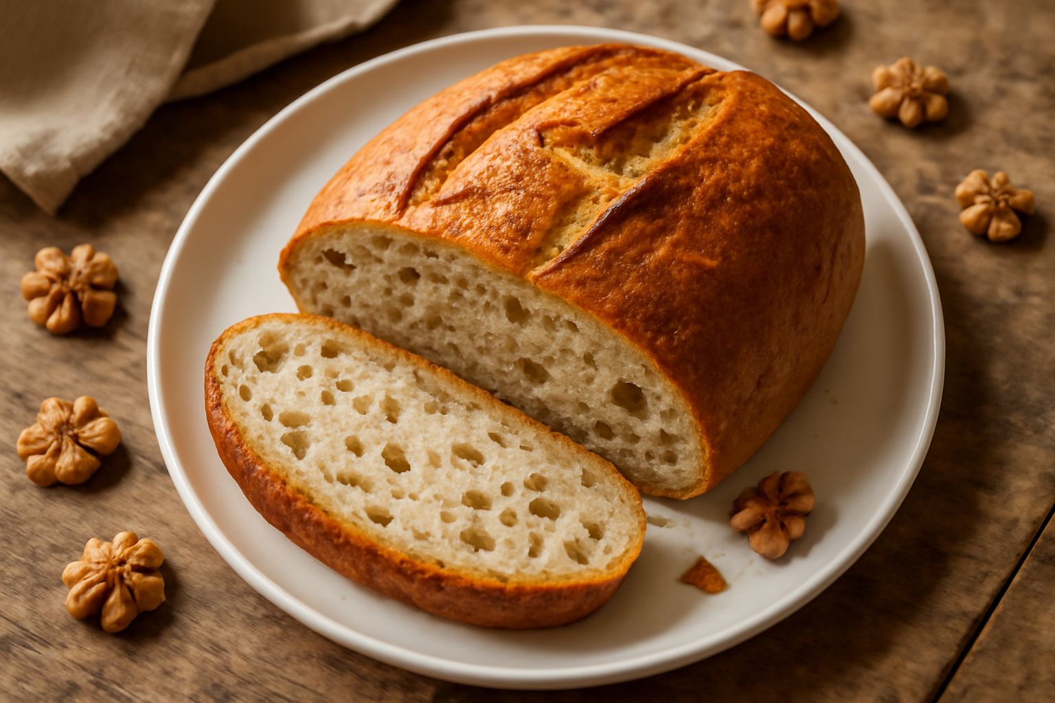 Pane tondo dai toni dorati con superficie leggermente rugosa, tagliato a metà per mostrare la mollica soffice e umida, servito su una tavola di legno con spighe di grano attorno