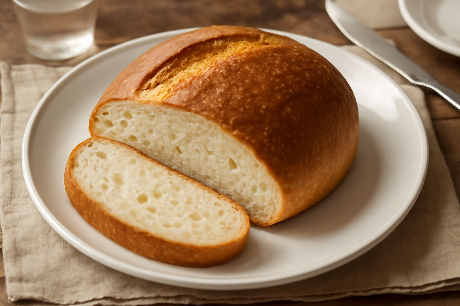 Pane all'olio di Siracusa intero e affettato, crosta dorata e croccante, interno bianco e morbido, olio deposito visibile, tagliato su tagliere di legno con farina sparsa
