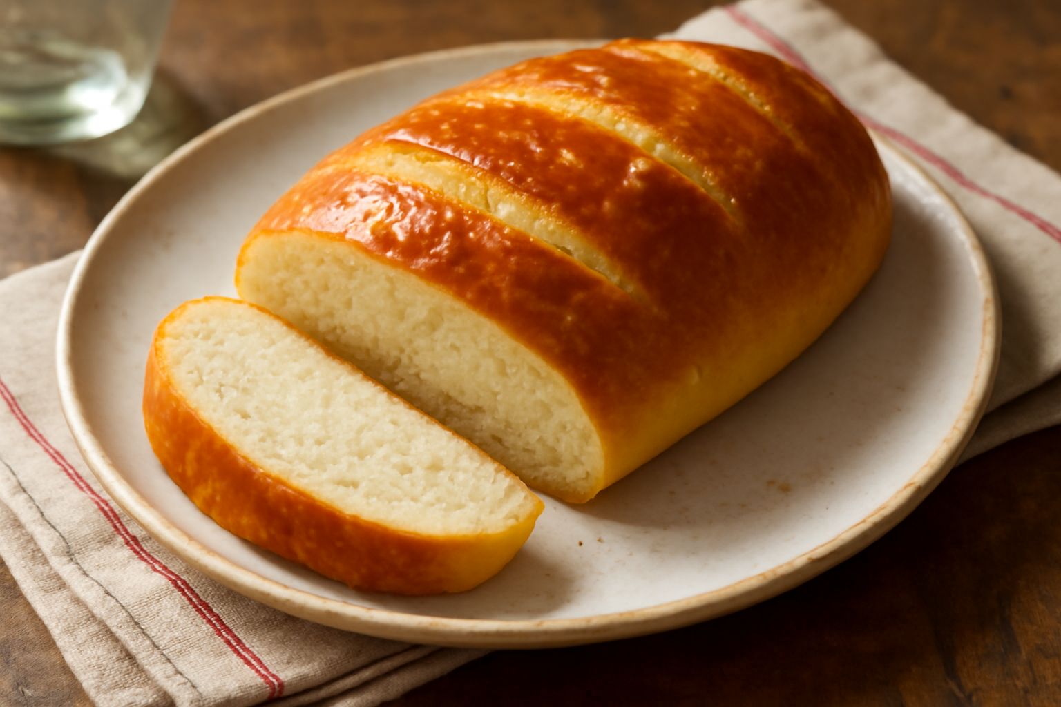 Pane all'olio d'oliva a fette, dorato e leggermente croccante, con superficie brillante, tagliato al centro per mostrare la mollica morbida e uniforme, su tavolo di legno chiaro con rametto di rosmari