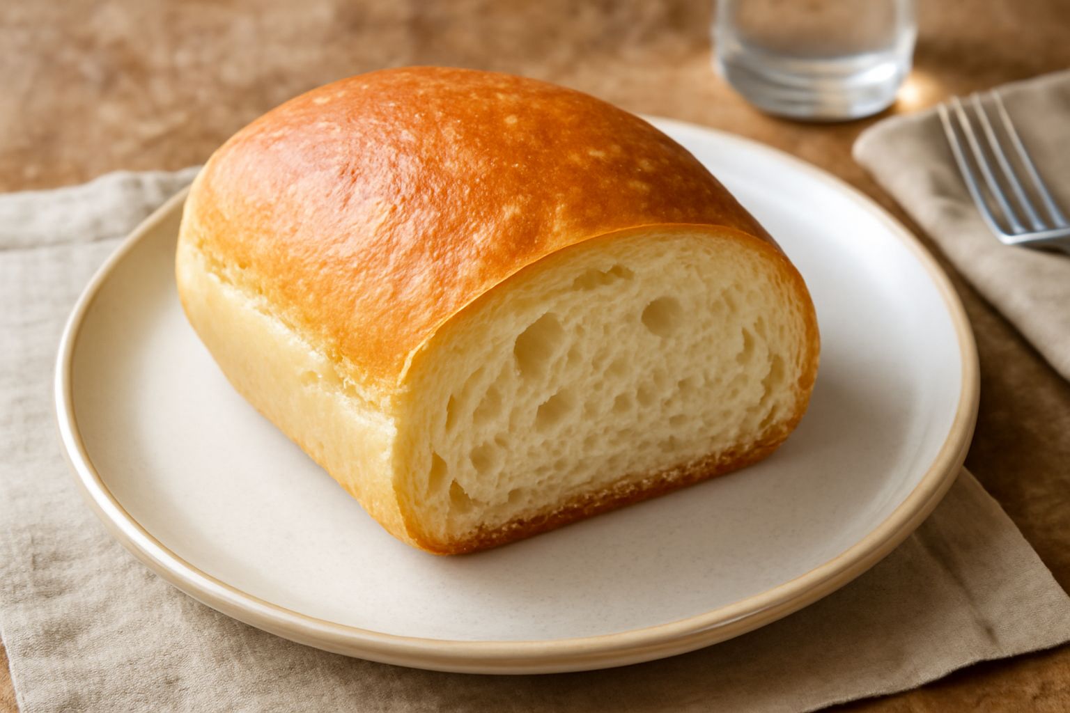Pane all'olio friulano appena sfornato, con crosta dorata e leggera, superficie leggermente ondulata, tagliato a fette mostrando la mollica soffice e alveolata, posizionato su un piatto di ceramica bi