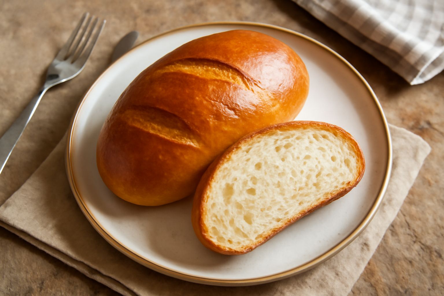 Un pane dal colore dorato, dalla forma ovale e leggermente bombata, con una crosta sottile e lucida, affettato per mostrare la miga morbida e alveolata all'interno, servito su una tavola di legno con 