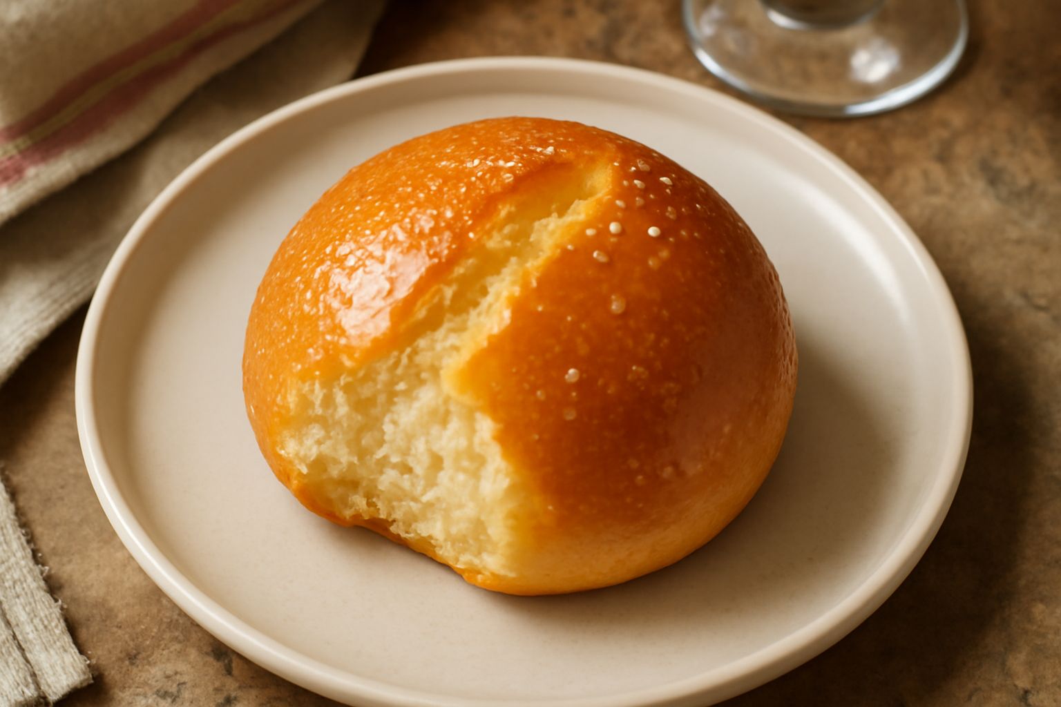 Pane all'olio salato appena sfornato, con crosta dorata e leggera, spezzettato su un piatto bianco con gocce di olio extravergine e grani di sale marino visibili sulla superficie